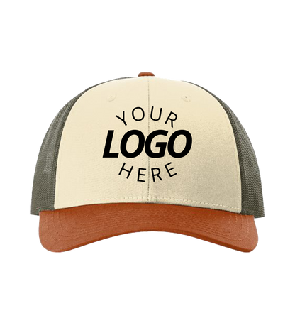 Snapback cream / loden green / dark orange trucker cap with logo on the front