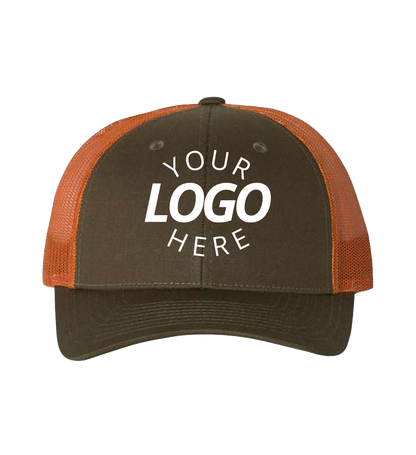 Snapback dark loden / jaffa orange trucker cap with logo on the front