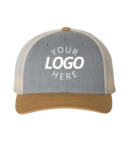 Snapback heather grey / birch / amber gold trucker cap with logo on the front