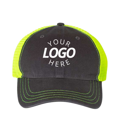 Garment-Washed Trucker Cap Charcoal Neon yellow