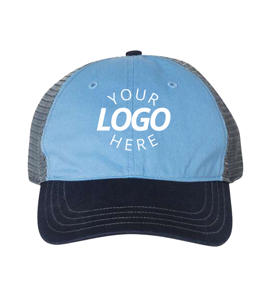 Garment-Washed Trucker Cap Columbia blue/charcoal/Navy