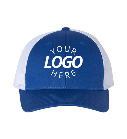Snapback royal / white trucker cap with logo on the front