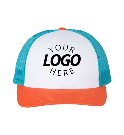 Snapback white / blue hawaiian / pale orange trucker cap with logo on the front